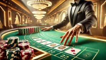 Luxurious baccarat table with cards, chips, and a dealer’s hand in a sophisticated casino setting