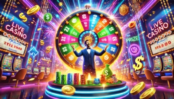 Colorful spinning wheel in an exciting live casino setting with glowing coins and a host.