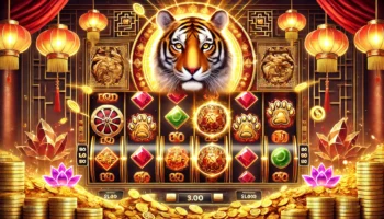 Golden tiger with glowing treasures and a slot machine interface in a mystical red and gold background.