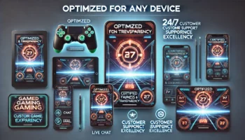 Gaming advertisement showcasing smooth gameplay across desktop, tablet, and mobile devices with badges for fairness, transparency, and 24/7 multilingual customer support.