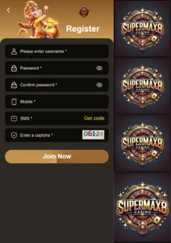 Registration screen with username and password fields and a PLAY NOW button for starting a gaming journey.
