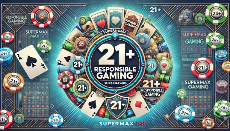 SuperMax888 21+ Responsible Gaming guide with a '21+' icon, shield symbol, and calming casino visuals.