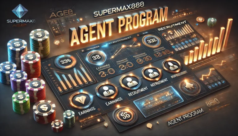 SuperMax888 agent program dashboard with earnings stats, referral icons, and casino-themed visuals