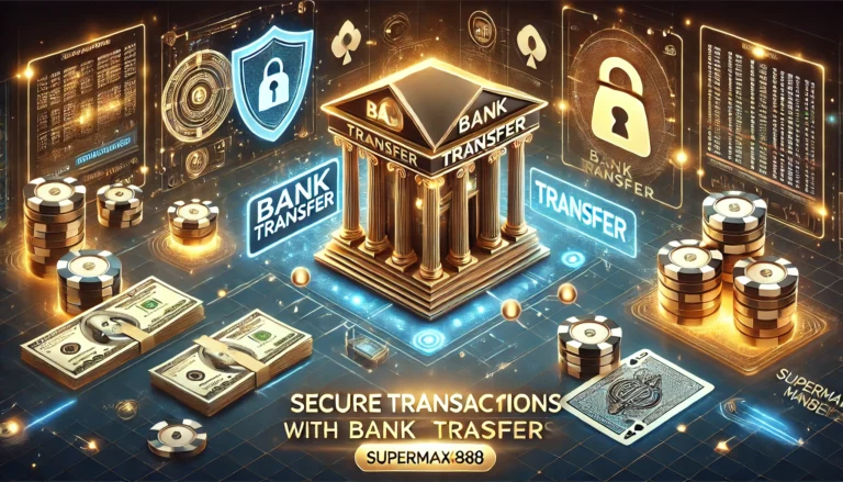 SuperMax888 bank transfer transactions with a successful transfer confirmation and casino-themed visuals.