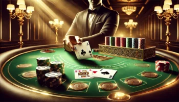 Elegant card table with poker chips, playing cards, and a dealer's hand in a luxurious casino setting