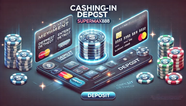 SuperMax888 cashing-in deposit guide with payment methods, a deposit button, and casino-themed visuals