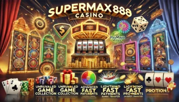 SUPERMAX888 Casino banner showcasing unrivaled games like slots, poker, and Fishing God; advanced security with a shield icon; lightning-fast payments with GCash and PayMaya; and exciting promotions with bonus coins and jackpots.
