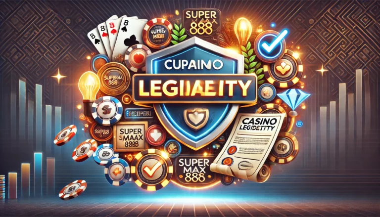 SuperMax888 casino legitimacy guide featuring a shield icon, licensing badge, and glowing checkmarks for credibility.