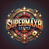 Luxurious logo design for SUPERMAX888 CASINO with bold golden font, casino chips, and roulette elements.