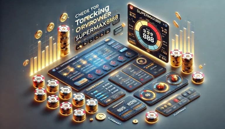 SuperMax888 checking turnover guide with a dashboard, stats, and casino-themed visuals like chips and coins.