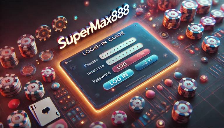 SuperMax888 log-in guide with username and password fields, a glowing Log In button, and casino-themed visuals.