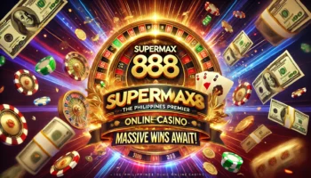 A luxurious casino-themed banner for SUPERMAX888 Casino, featuring a golden logo with the tagline 'The Philippines Premier Online Casino – Massive Wins Await!' surrounded by glowing slot machines, poker chips, playing cards, and flying dollar bills, in vibrant red, gold, and black tones
