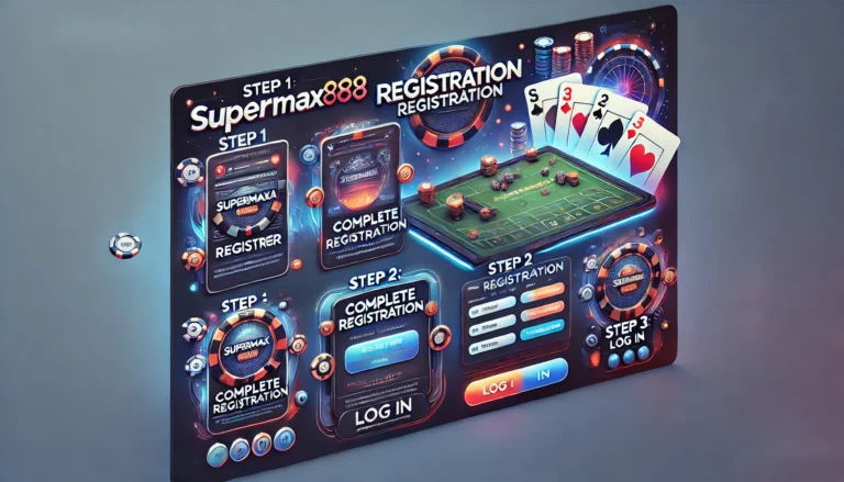 Registration guide for SuperMax888 with step-by-step instructions, logo, and casino-themed visuals.
