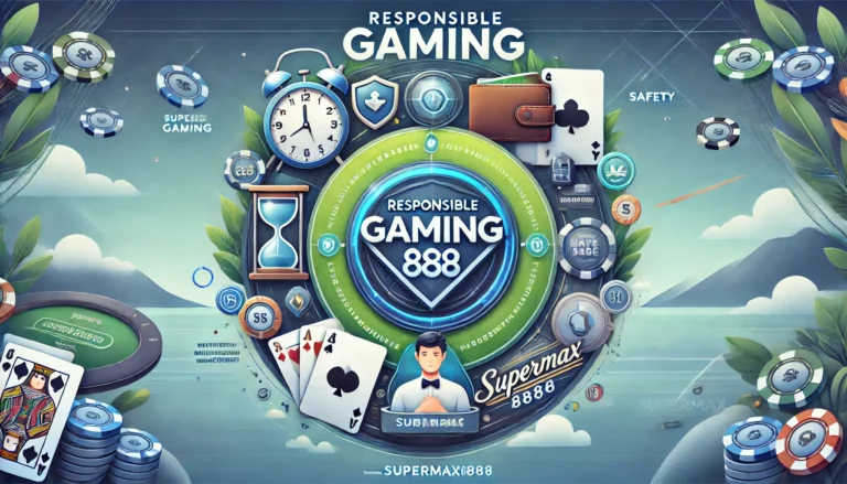 SuperMax888 Responsible Gaming guide with time management, budgeting, and safety icons in a casino-themed design