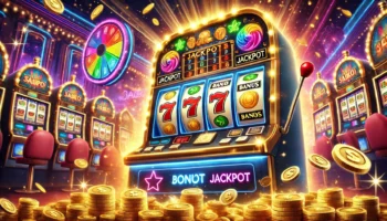 Dynamic slot machine with spinning reels, gold coins, lucky sevens, and a vibrant casino setting.